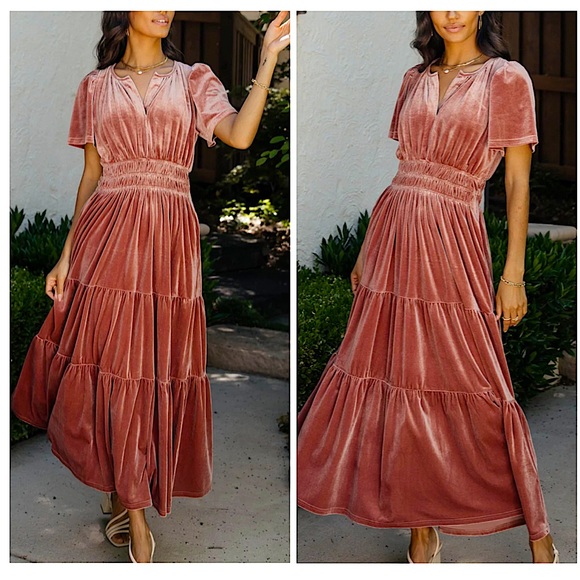 Blush Pink Velvet Tiered Smocked Formal Maxi Dress - Picture 2 of 2